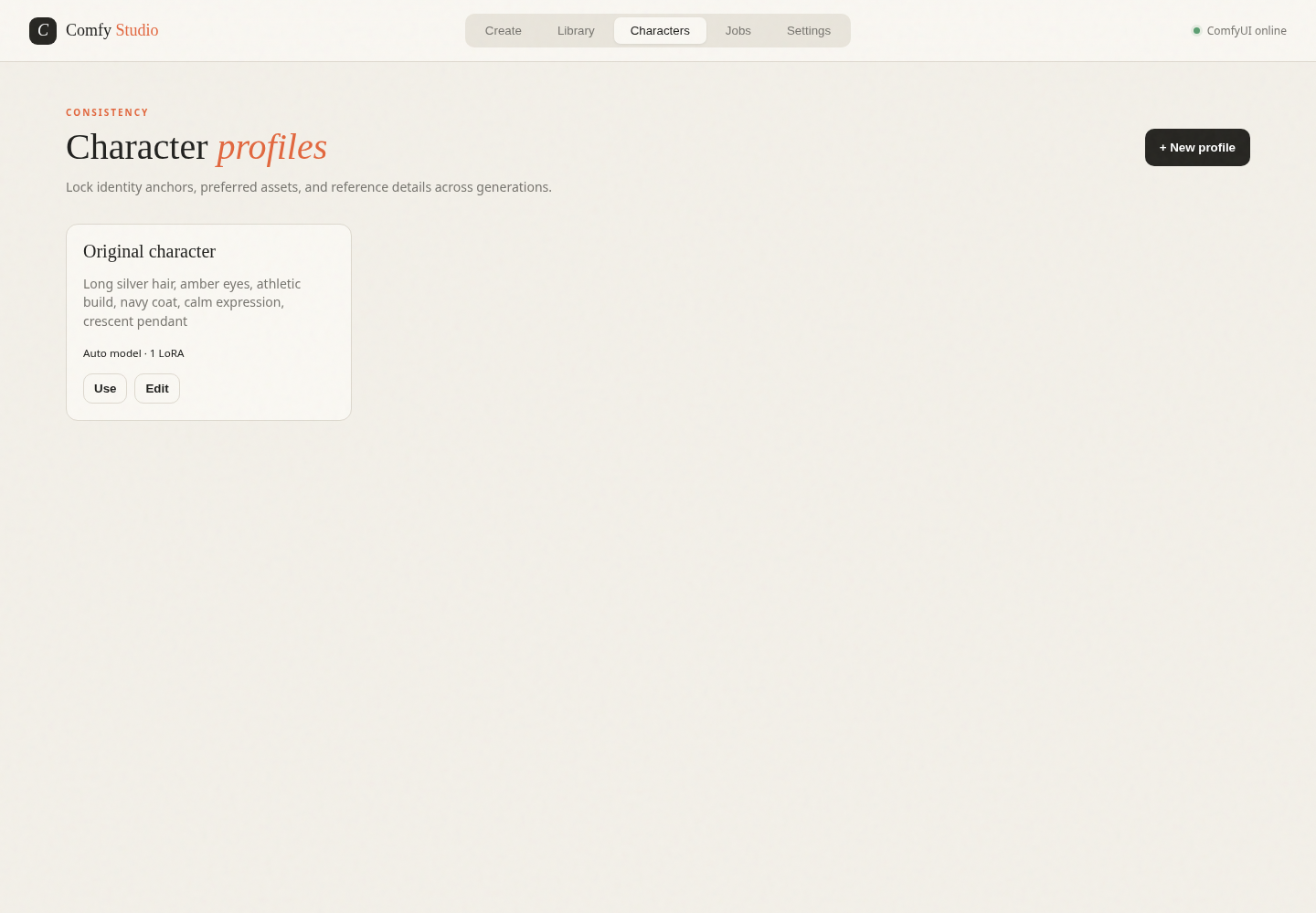Reusable character profiles in Comfy Studio