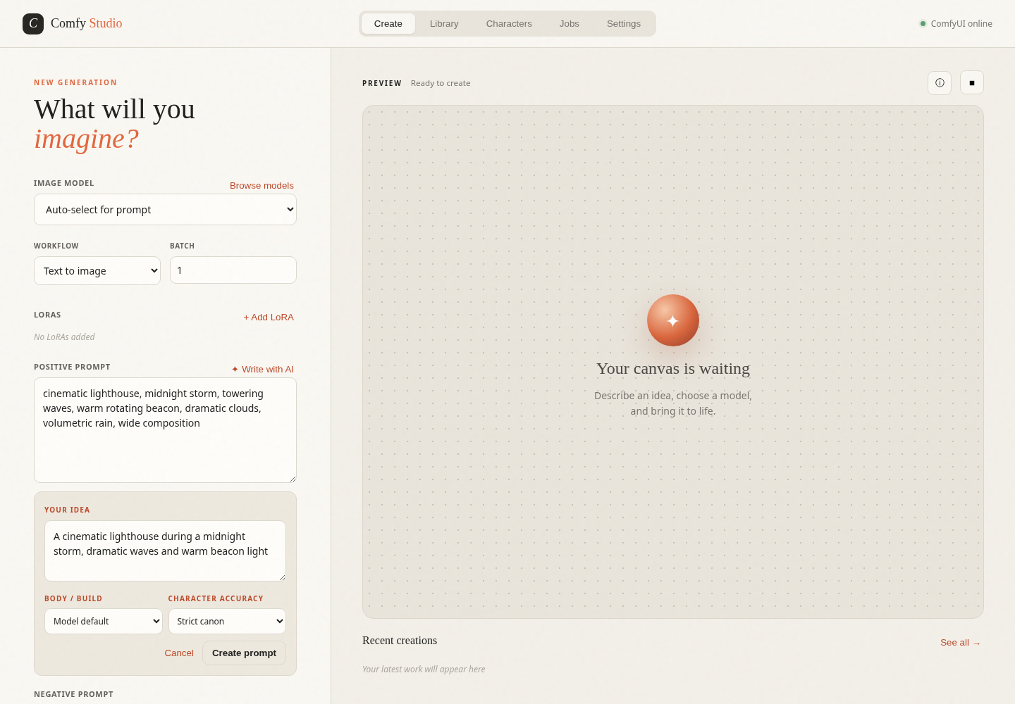 Comfy Studio creation workspace with model selection and AI prompt writer