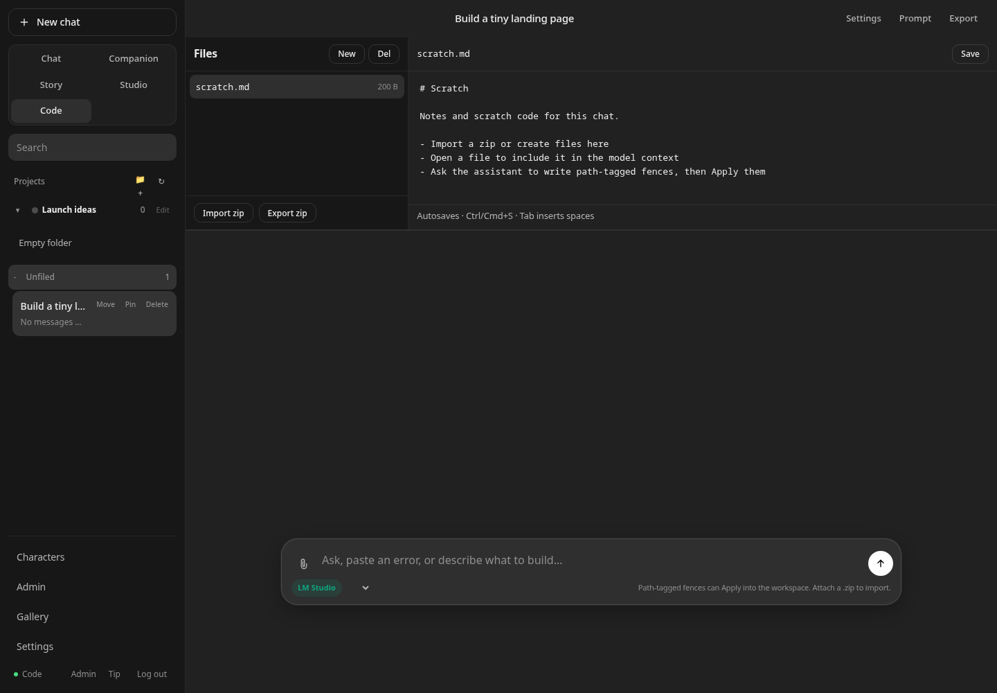 Personal WebUI Code mode with sandboxed file tree, editor, and chat composer