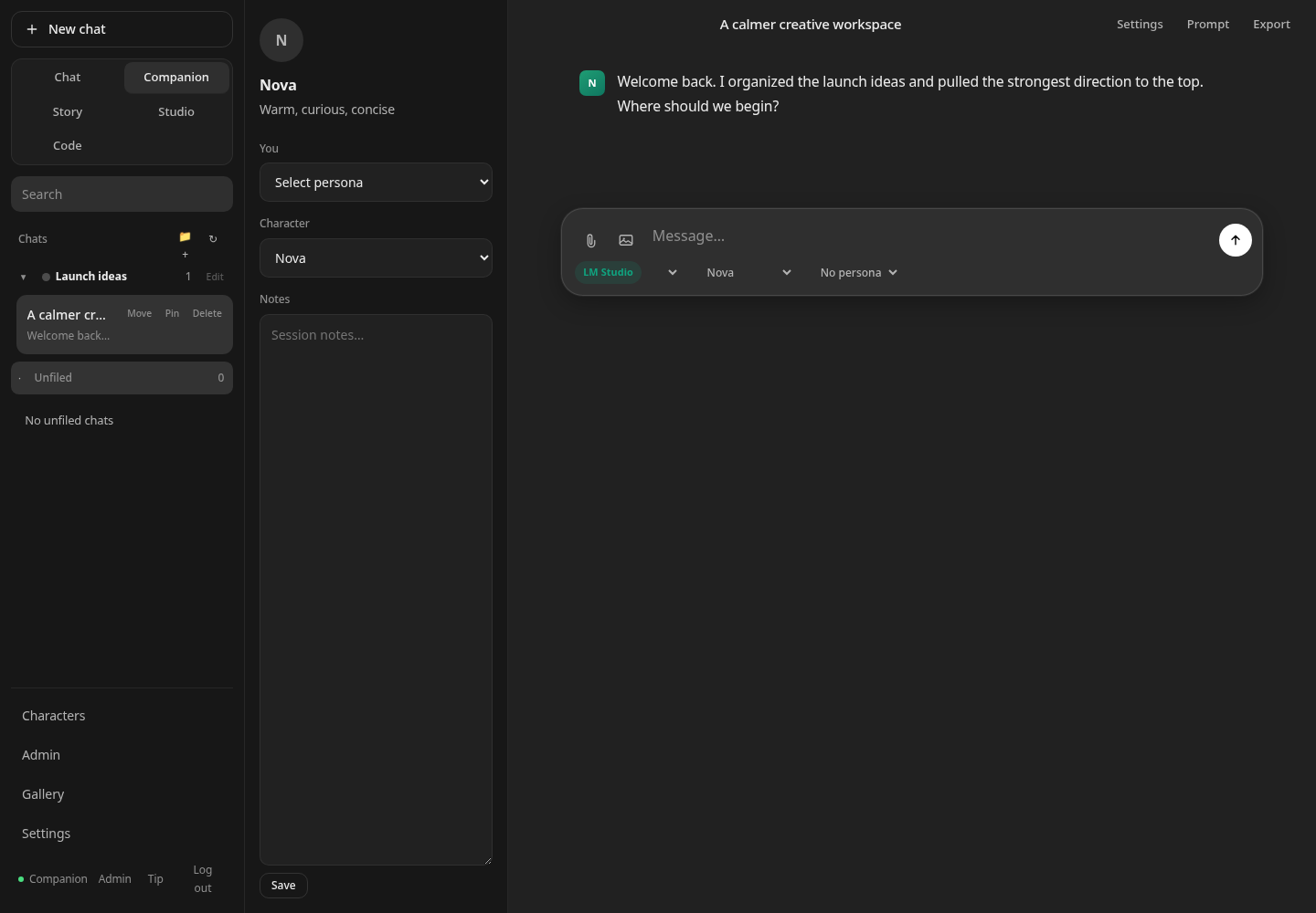 Personal WebUI Companion mode with Nova, an organized folder, and a private conversation
